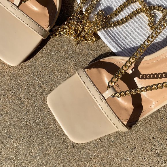 HP💃 Nude Gold Chain Anklet Leg Wrap Heel Sandals - Picture 4 of 7